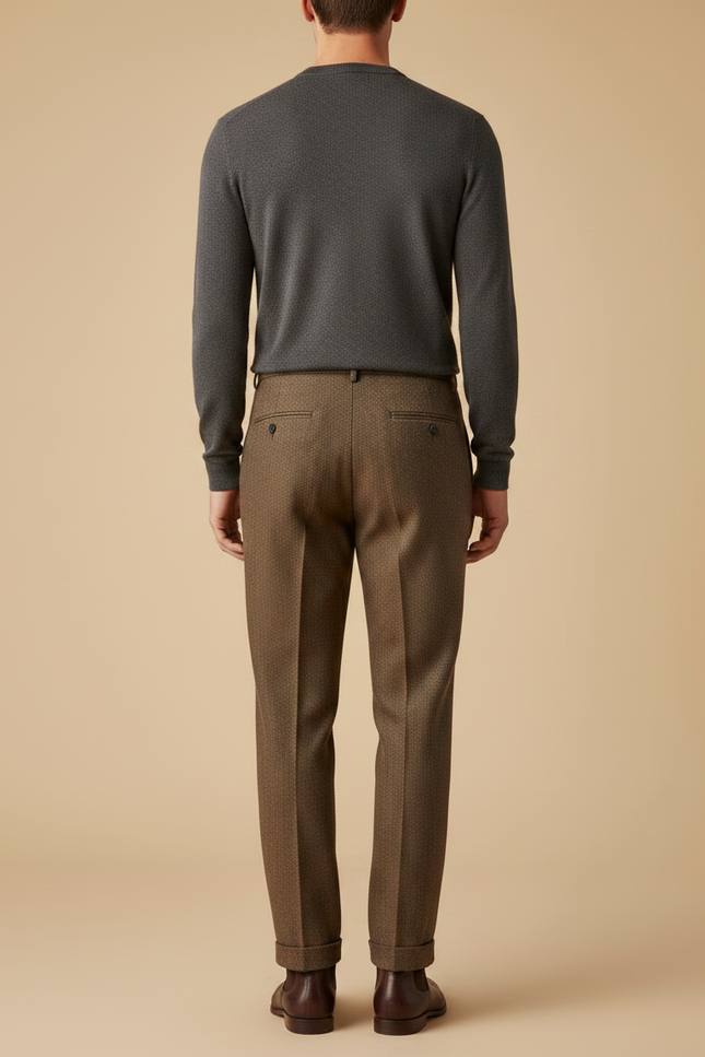 Pantalon À Pince Marron Tweed Plissé Ample Homme - vue 2