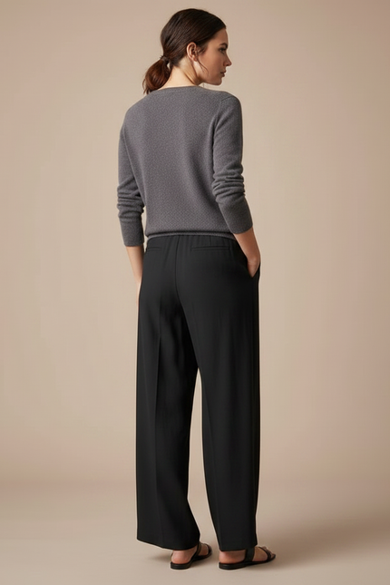 Pantalon À Pince Noir Fluide Élégant Plissé Femme - Polyester - vue 2