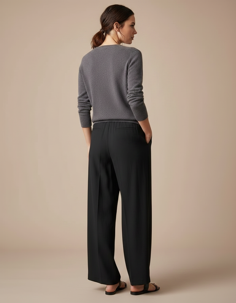 Pantalon À Pince Noir Fluide Élégant Plissé Femme - Polyester - vue 2