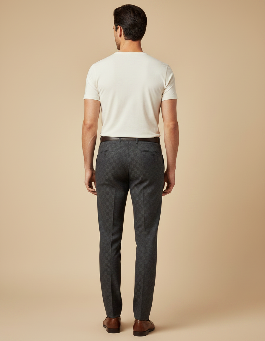 Pantalon À Pince Gris Carreaux Slim Élégant Homme - Laine - vue 2