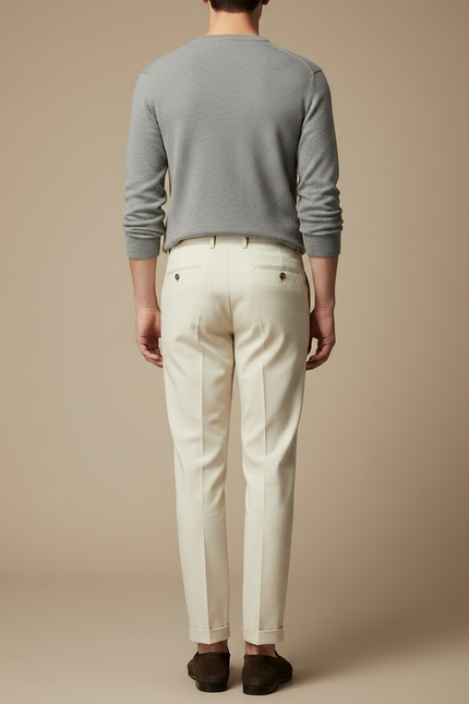Pantalon À Pince Crème Plissé Élégant Slim Homme - Beige Gabardine - vue 2