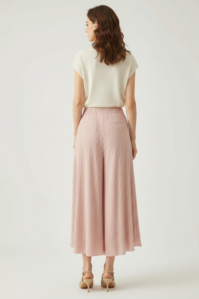 Pantalon À Pince Rose Plissé Fluide Côtelé Femme - Maille - vue 2