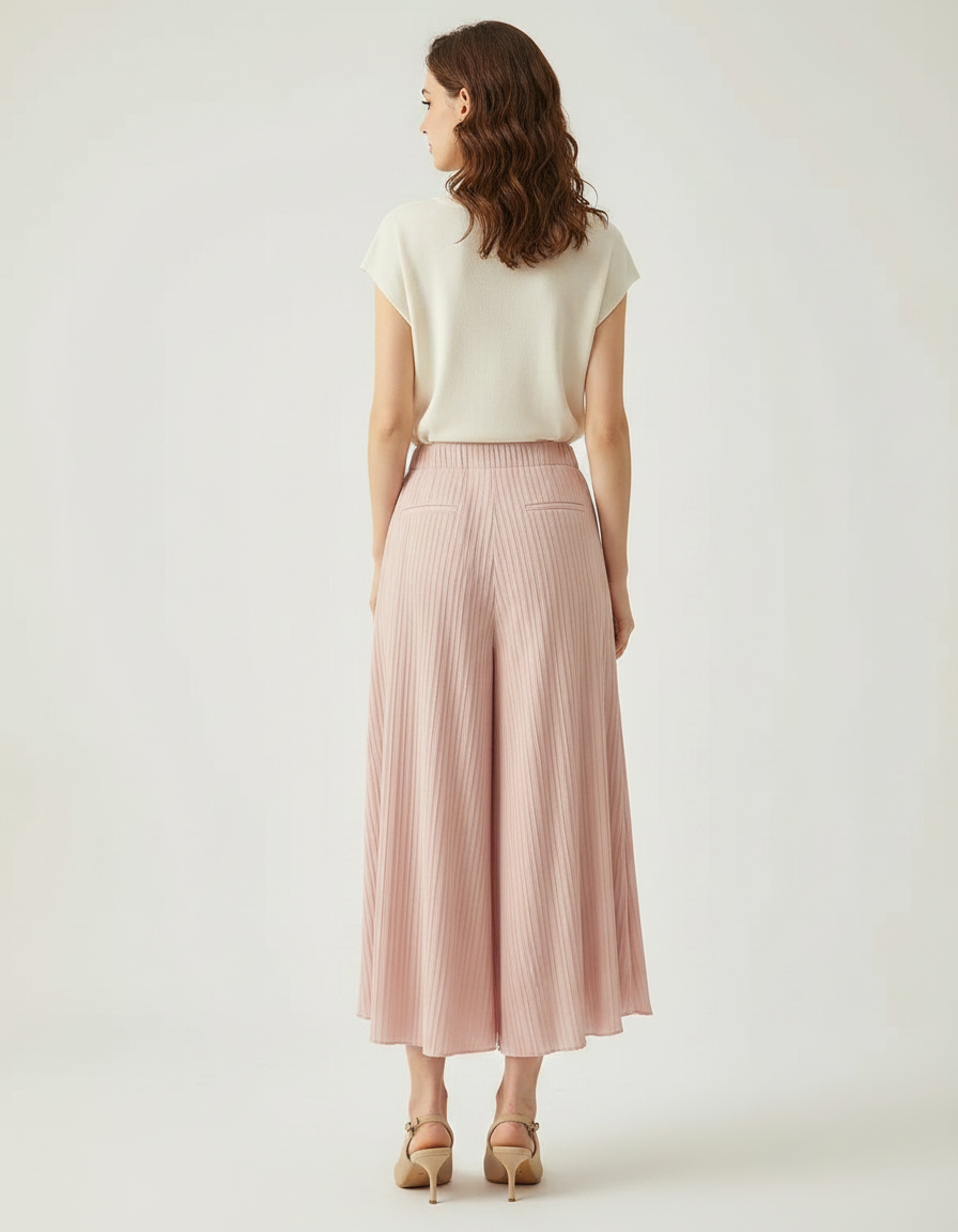 Pantalon À Pince Rose Plissé Fluide Côtelé Femme - Maille - vue 2