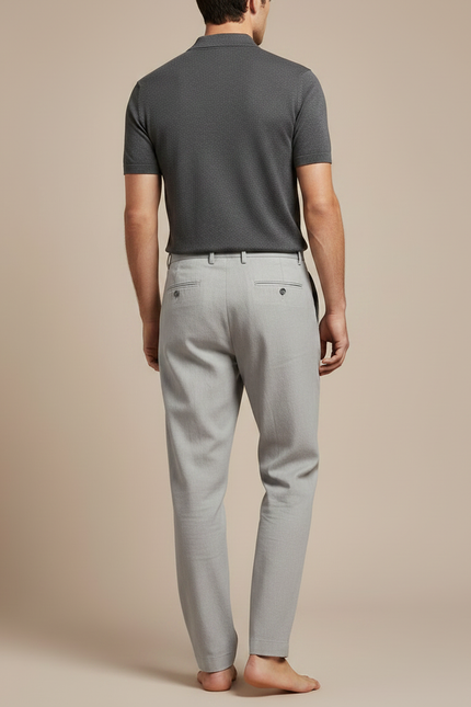 Pantalon À Pince Gris Clair Plissé Droit Coton Homme - Lin - vue 2