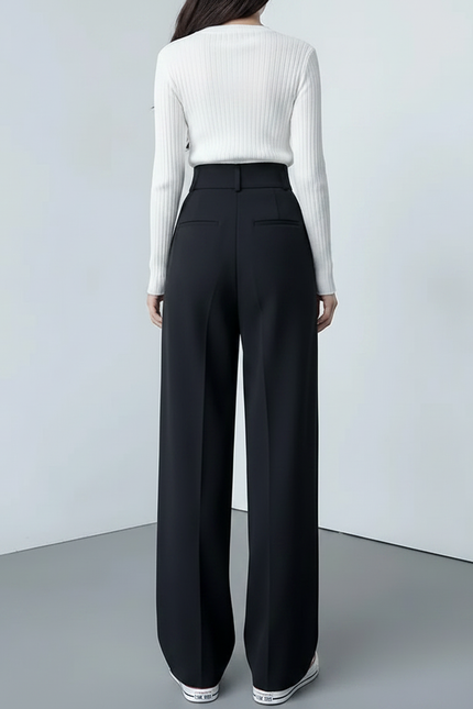 Pantalon À Pince Noir Taille Haute Ample Fluide Élégant Femme - Polyester - vue 2