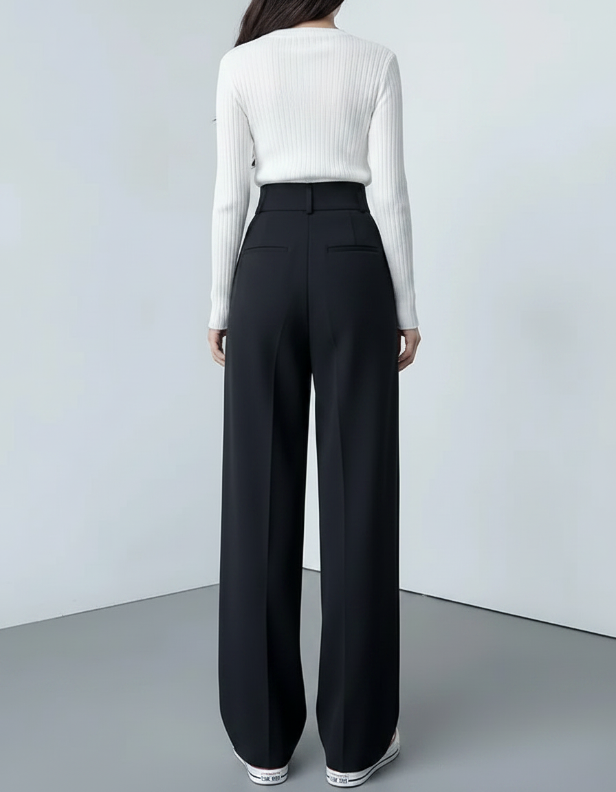 Pantalon À Pince Noir Taille Haute Ample Fluide Élégant Femme - Polyester - vue 2