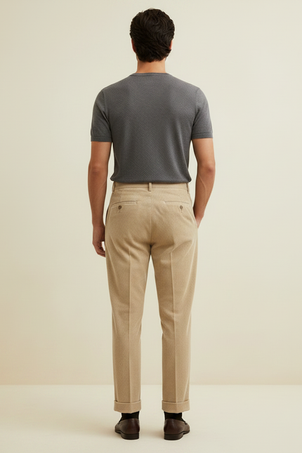Pantalon À Pince Beige Côtelé Droit Plissé Homme - Cordé - vue 2
