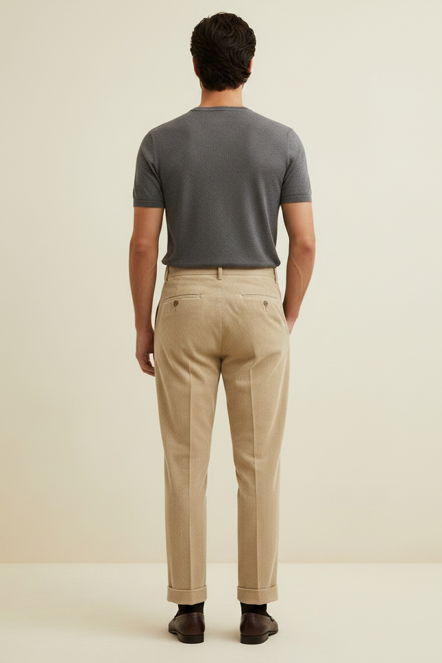 Pantalon À Pince Beige Côtelé Droit Plissé Homme - Cordé - vue 2
