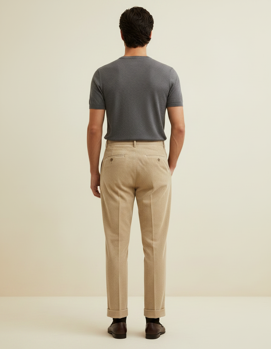 Pantalon À Pince Beige Côtelé Droit Plissé Homme - Cordé - vue 2