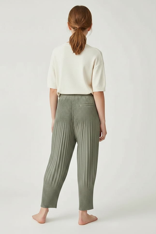 Pantalon À Pince Plissé Vert Ample Décontracté Fluide - Kaki Polyester - vue 2