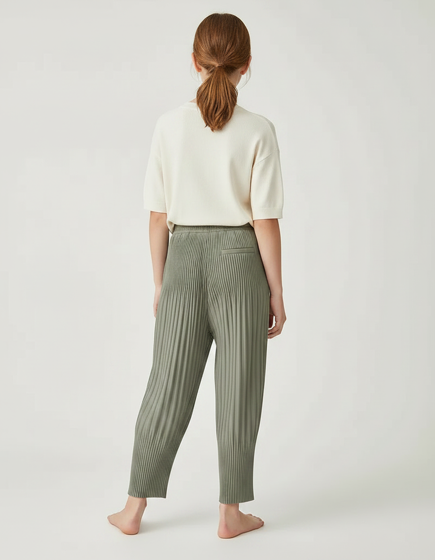 Pantalon À Pince Plissé Vert Ample Décontracté Fluide - Kaki Polyester - vue 2