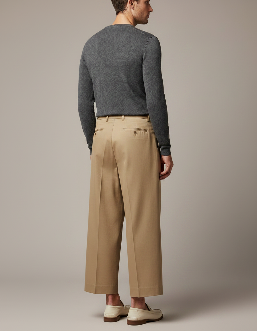 Pantalon À Pince Kaki Plissé Ample Décontracté Homme - Gabardine - vue 2