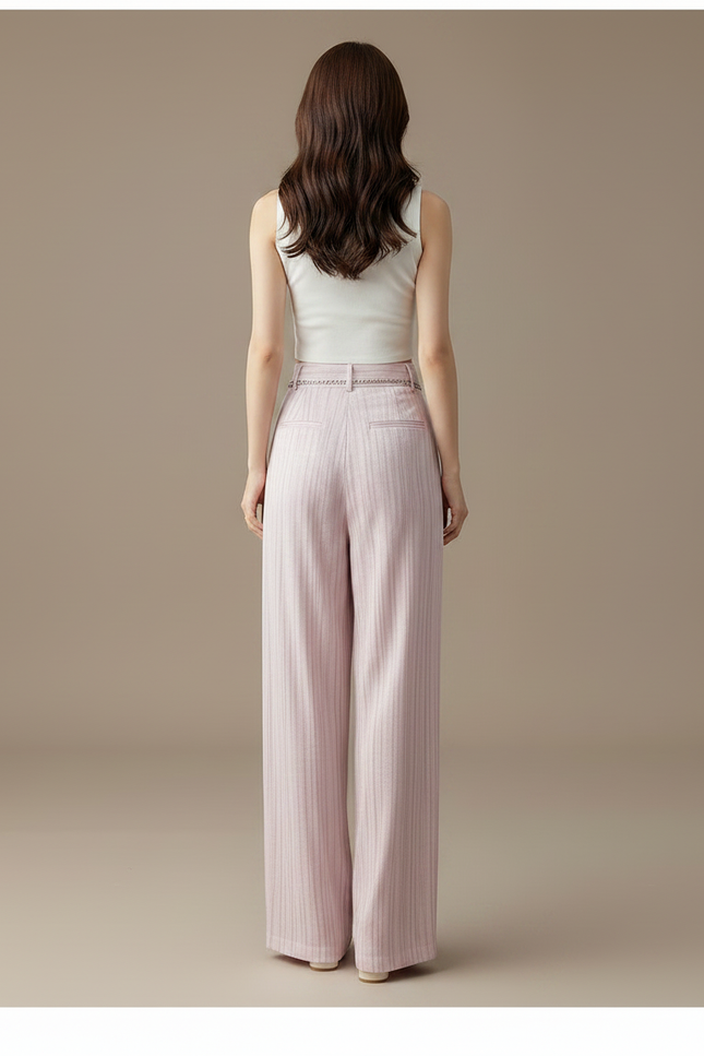 Pantalon À Pince Rose Pâle Fluide Rayé Élégant Femme - Lin - vue 2