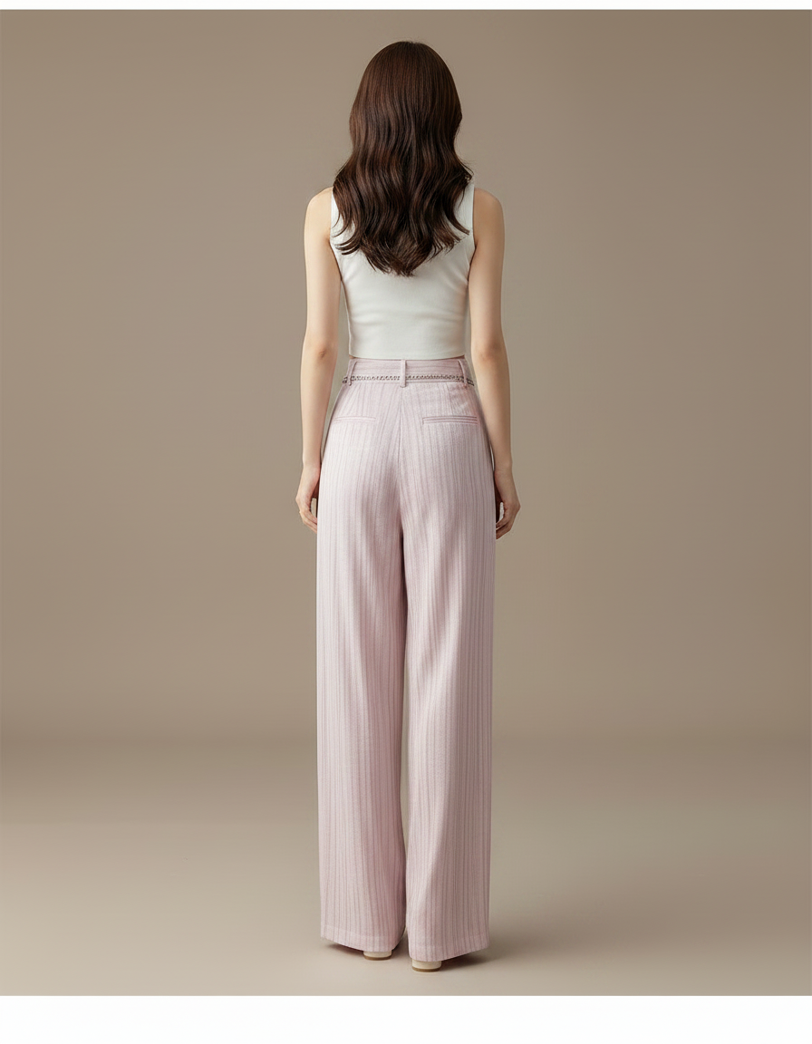 Pantalon À Pince Rose Pâle Fluide Rayé Élégant Femme - Lin - vue 2
