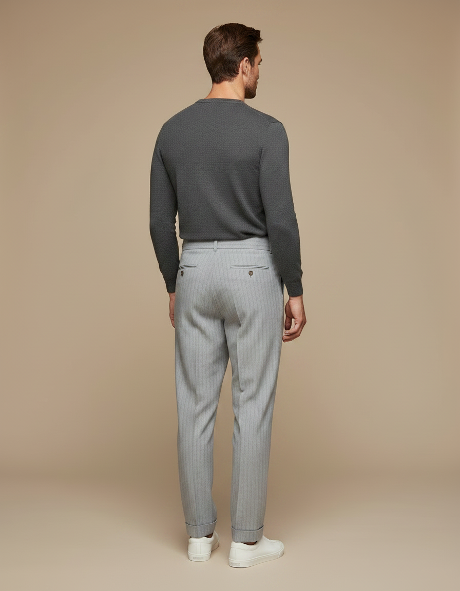 Pantalon À Pince Gris Clair Plissé Rayé Homme - Laine - vue 2