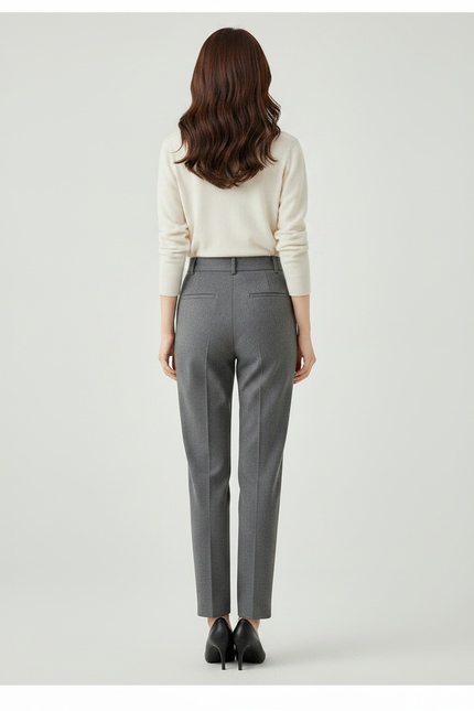 Pantalon À Pince Gris Élégant Taille Haute Droit Femme - Laine - vue 2