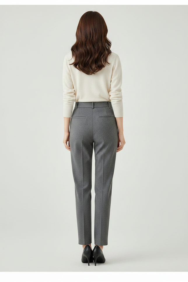 Pantalon À Pince Gris Élégant Taille Haute Droit Femme - Laine - vue 2