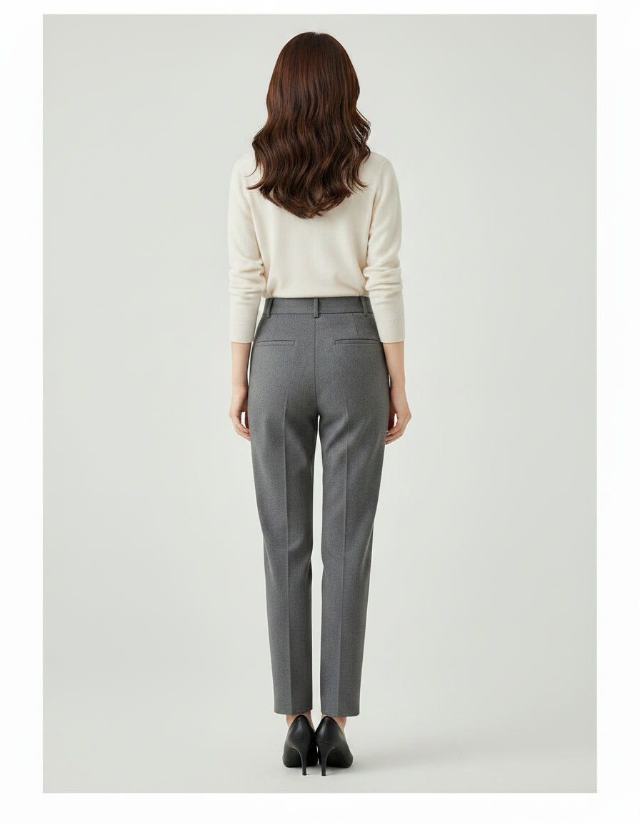 Pantalon À Pince Gris Élégant Taille Haute Droit Femme - Laine - vue 2