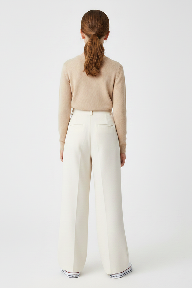 Pantalon À Pince Crème Ample Fluide Taille Haute Fille - Beige Viscose - vue 2