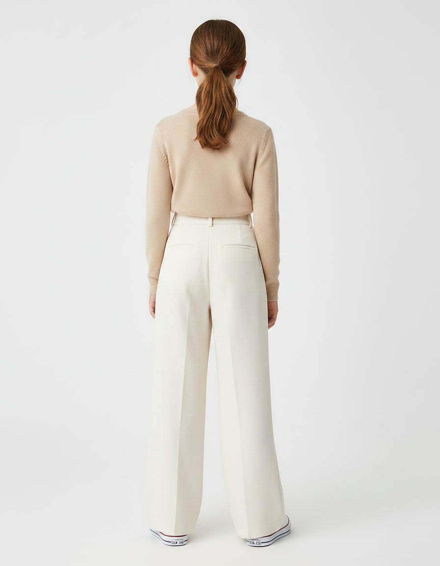 Pantalon À Pince Crème Ample Fluide Taille Haute Fille - Beige Viscose - vue 2