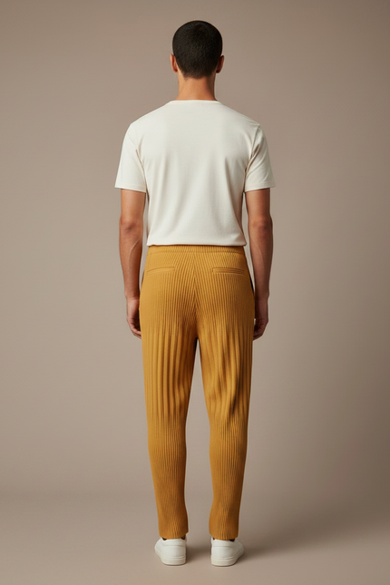 Pantalon À Pince Jaune Plissé Ample Décontracté Homme - Maille - vue 2