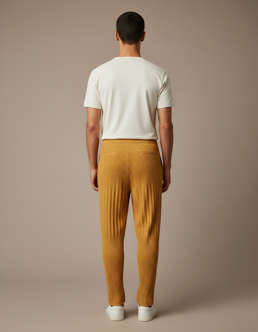 Pantalon À Pince Jaune Plissé Ample Décontracté Homme - Maille - vue 2