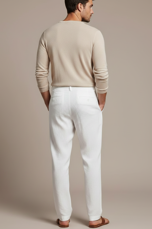 Pantalon À Pince Blanc Lin Plissé Droit Homme - vue 2
