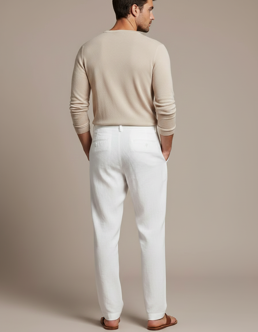 Pantalon À Pince Blanc Lin Plissé Droit Homme - vue 2