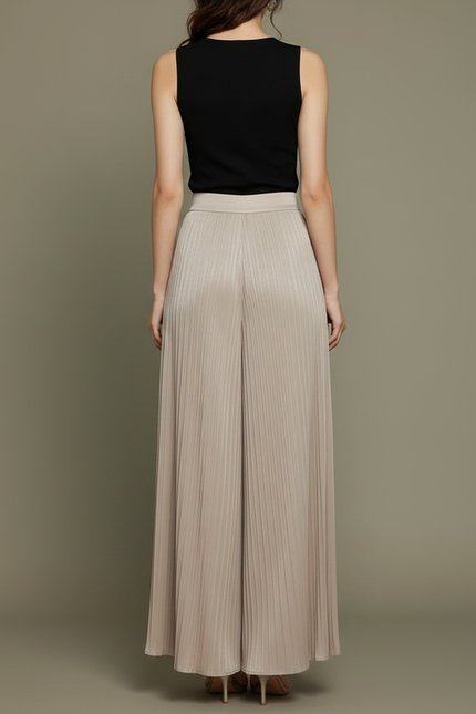 Pantalon À Pince Plissé Fluide Taille Haute Beige Femme - Satin - vue 2