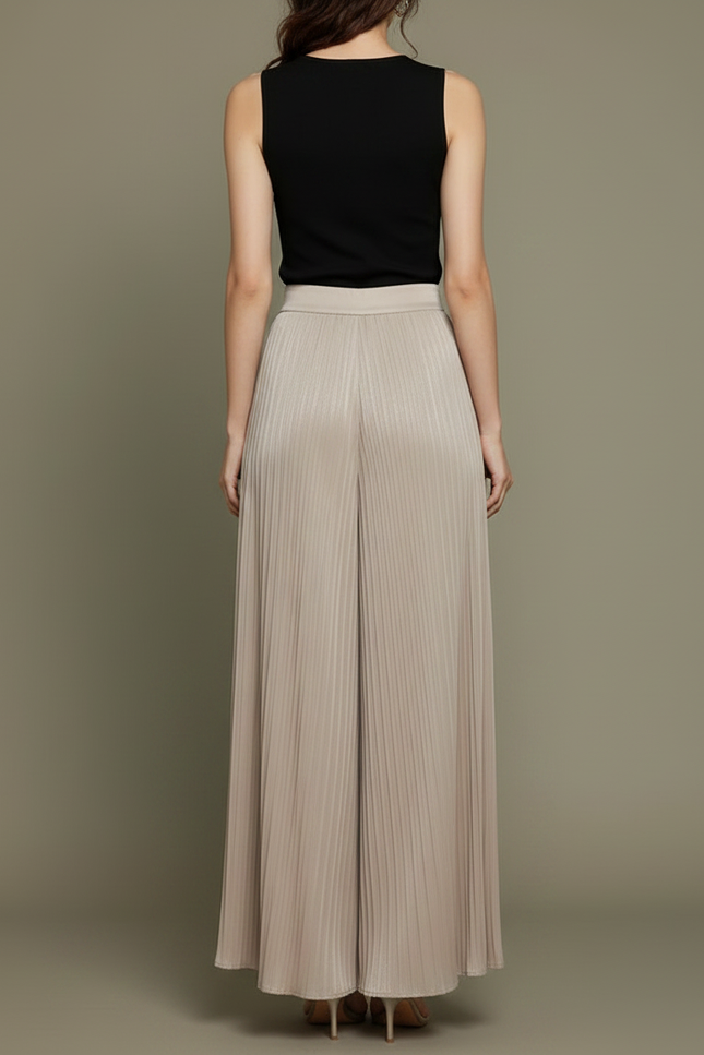 Pantalon À Pince Plissé Fluide Taille Haute Beige Femme - Satin - vue 2