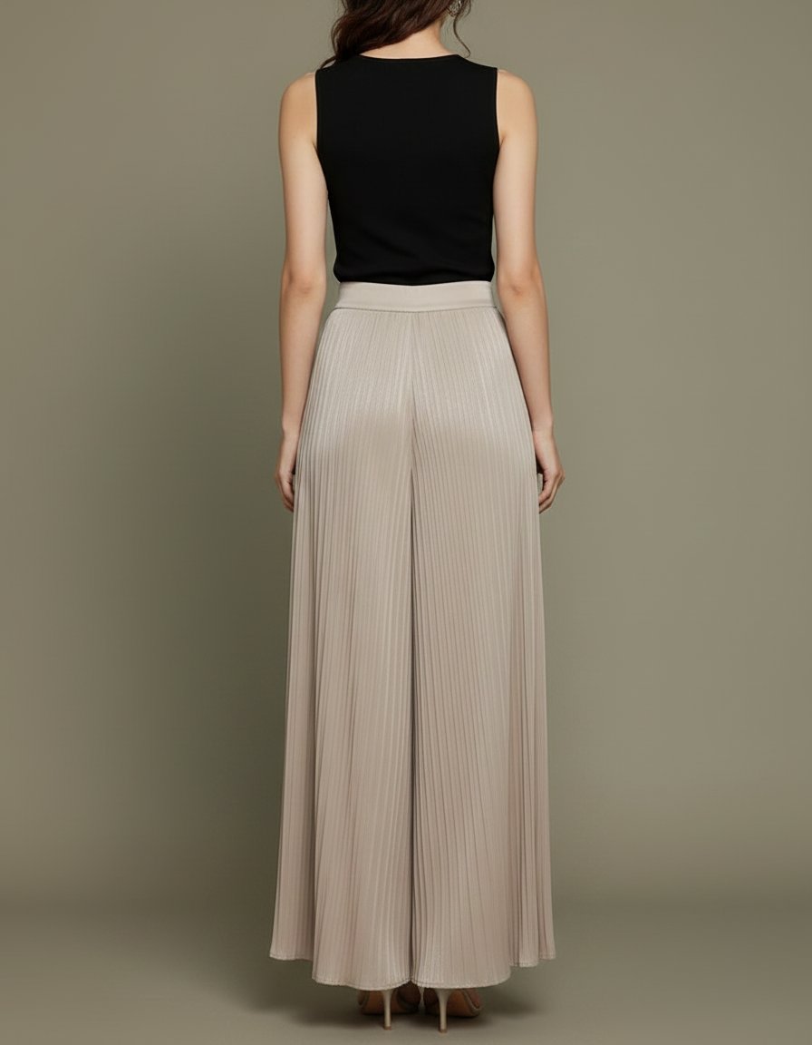Pantalon À Pince Plissé Fluide Taille Haute Beige Femme - Satin - vue 2
