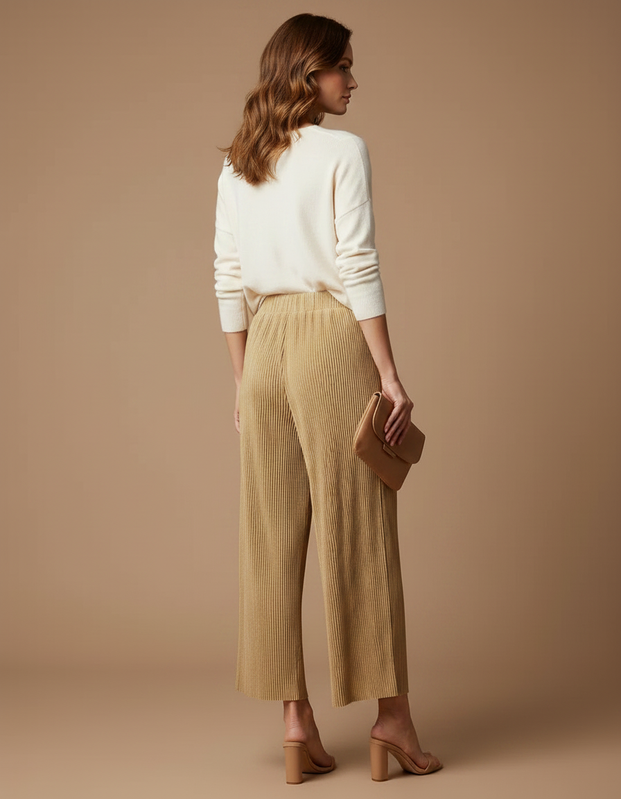Pantalon À Pince Plissé Beige Ample Fluide Élégant - Polyester - vue 2