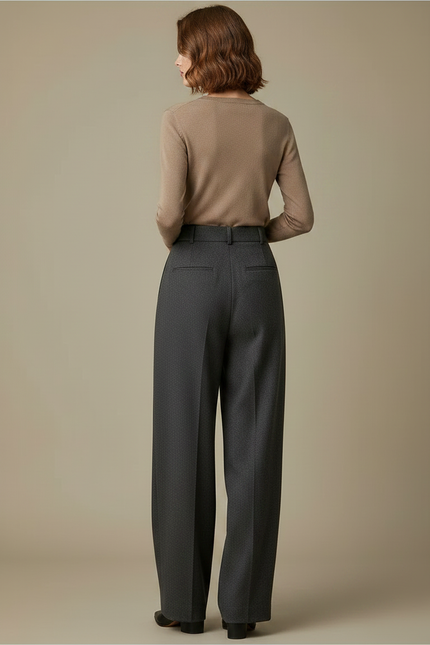 Pantalon À Pince Gris Foncé Laine Plissé Large Femme - vue 2