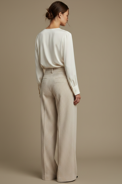 Pantalon À Pince Beige Côtelé Ample Taille Haute - Cordé - vue 2