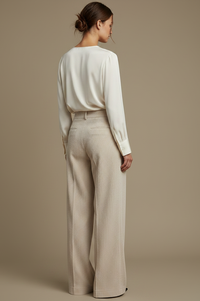Pantalon À Pince Beige Côtelé Ample Taille Haute - Cordé - vue 2