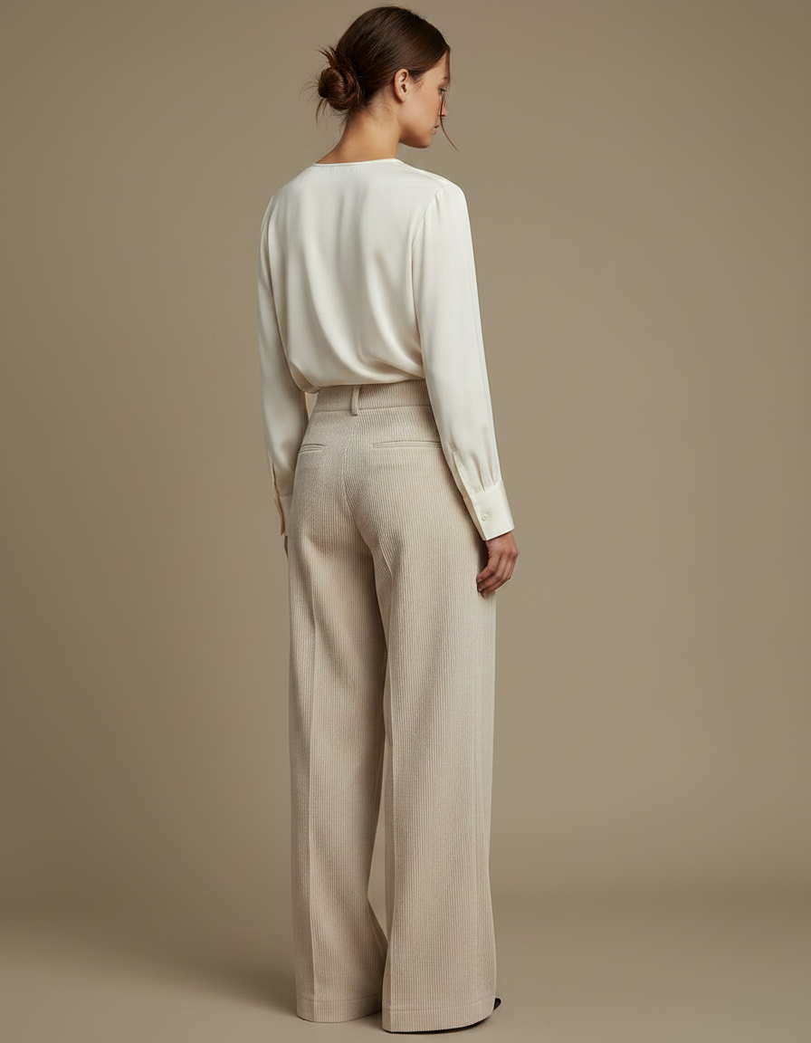 Pantalon À Pince Beige Côtelé Ample Taille Haute - Cordé - vue 2