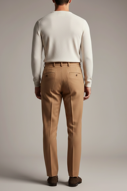 Pantalon À Pince Marron Laine Plissé Homme Élégant - Camel - vue 2