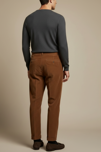 Pantalon À Pince Marron Côtelé Plissé Élégant Homme - Cordé - vue 2