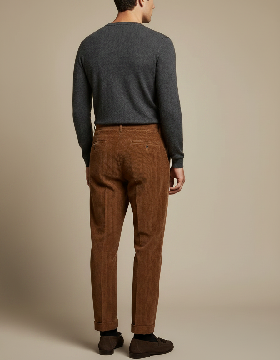 Pantalon À Pince Marron Côtelé Plissé Élégant Homme - Cordé - vue 2