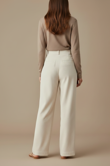 Pantalon À Pince Crème Plissé Ample Femme Élégant - Beige Cordé - vue 2