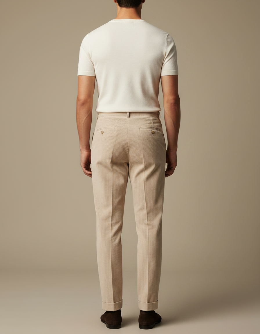 Pantalon À Pince Beige Côtelé Plissé Droit Homme - Cordé - vue 2