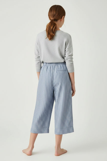 Pantalon À Pince Rayé Bleu Coton Fluide Court - vue 2