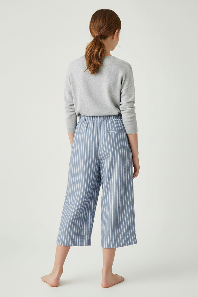 Pantalon À Pince Rayé Bleu Coton Fluide Court - vue 2