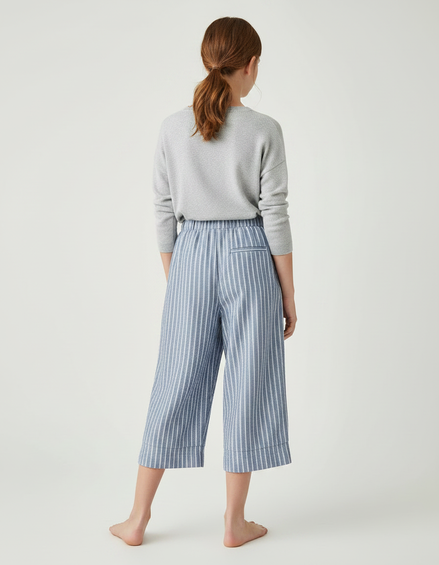 Pantalon À Pince Rayé Bleu Coton Fluide Court - vue 2