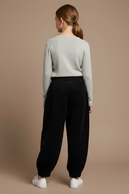 Pantalon À Pince Noir Côtelé Ample Décontracté Fille - Cordé - vue 2