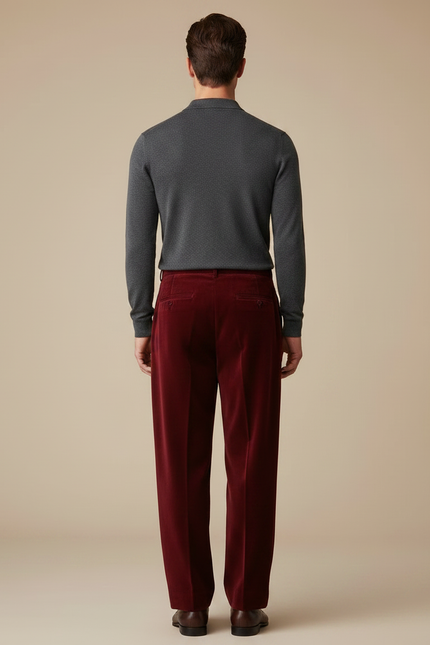 Pantalon À Pince Velours Bordeaux Ample Homme Décontracté - vue 2