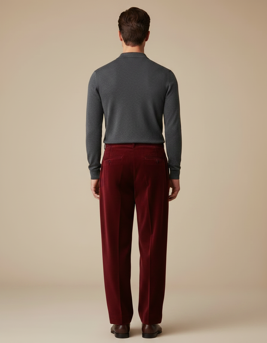 Pantalon À Pince Velours Bordeaux Ample Homme Décontracté - vue 2