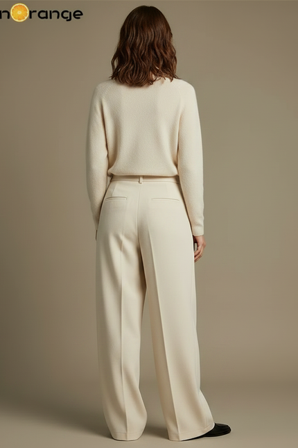 Pantalon À Pince Laine Ample Plissé Écru Élégant - Beige - vue 2
