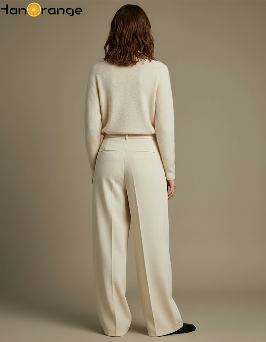 Pantalon À Pince Laine Ample Plissé Écru Élégant - Beige - vue 2