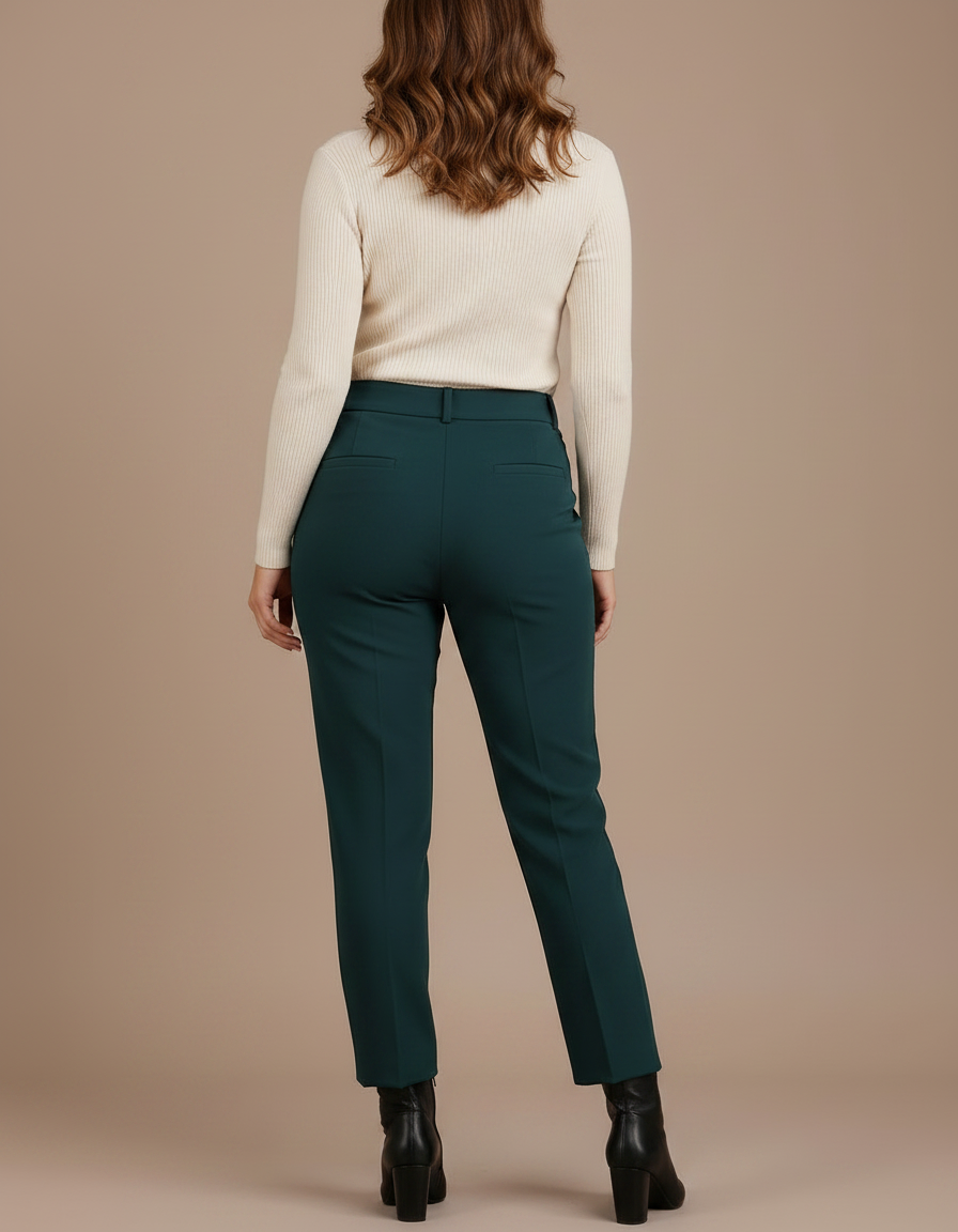 Pantalon À Pince Vert Émeraude Taille Haute Élégant Femme - Gabardine - vue 2
